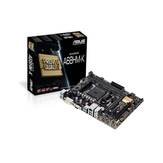 ASUS A68HM-K, SOCKET FM2/FM2+, AMD A68H, DUAL 2XDDR3-2400, APU AMD GRAPHICS, DVI, 1X PCIE X16, 4XSATA3(6GB/S), RAID, 1X PCIE X1, 1X PCI, ALC887 7.1CH HDA, GIGABIT LAN, 2XUSB3.0(5GB/S), MATX