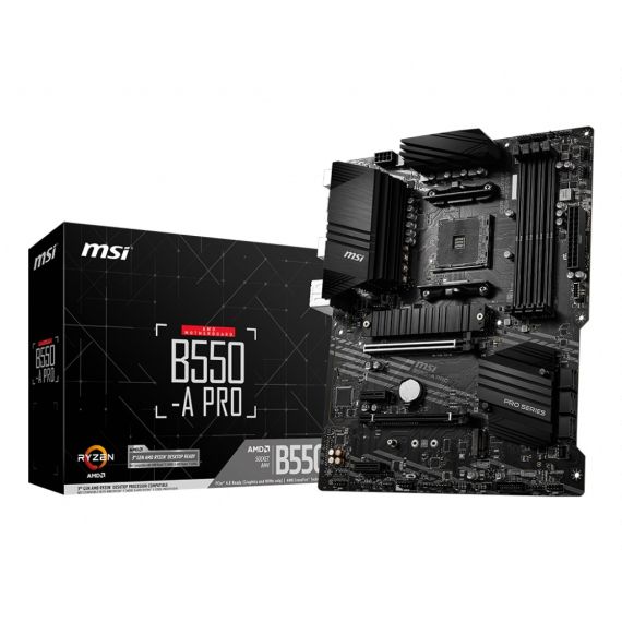 MSI B550-A PRO, SOCKET AM4, AMD B550, DUAL 4XDDR4-4400+, APU AMD GRAPHICS, HDMI, DP, 2XPCIE4.0 X16, 6XSATA3, RAID, 2XM.2 GEN4.0 X4, 2XPCIE X1, ALC897 HDA, 1XGBE LAN , 2XUSB3.2GEN2(TYPE A+C), 5XUSB3.2(1XTYPEC+4XTYPEA), RGB MYSTIC LIGHT, ATX