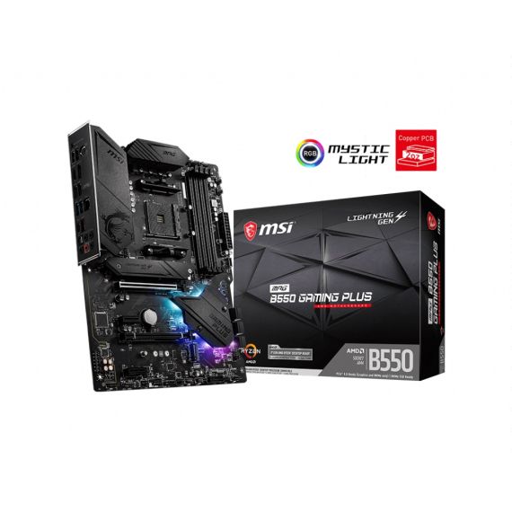 MSI MPG B550 GAMING PLUS, SOCKET AM4, AMD B550, DUAL 4XDDR4-4400+, APU AMD GRAPHICS, HDMI, DP, 2XPCIE4.0 X16, 6XSATA3, RAID, 2XM.2 GEN4.0 X4, 2XPCIE X1, ALC897 HDA 7.1/SPDIF, 1XGBE LAN, 2XUSB3.2 GEN2 (A+C), 5XUSB3.2(1XC+4XA), RGB MYSTIC LIGHT, ATX