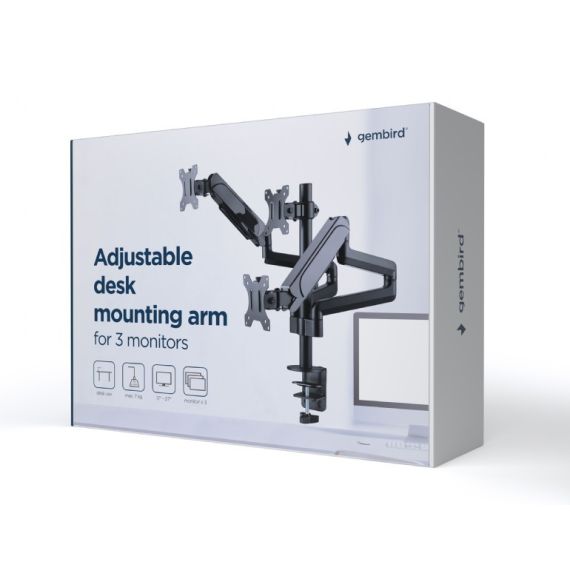 НАСТОЛЬНЫЙ РЕГУЛИРУЕМЫЙ КРОНШТЕЙН ДЛЯ 3 МОНИТОРОВ (ПОВОРОТНЫЙ) 13”-27”, GEMBIRD MA-DA3-01