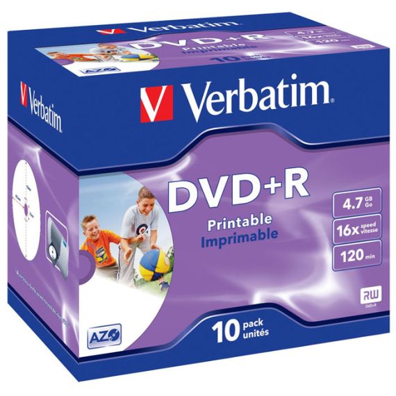 VERBATIM DATALIFEPLUS DVD+R AZO 4.7GB 16X WIDE PRINTABLE SURFACE - JEWEL CASE 10PCS.