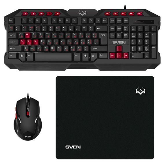 SVEN GS-9200 GAMING SET, KEYBOARD+MOUSE+MOUSEPAD, KEYS 14 KEYS, 10 FN-KEYS, MOUSE 5+1(800-2400 DPI) , USB, BLACK, RUS/UKR/ENG
