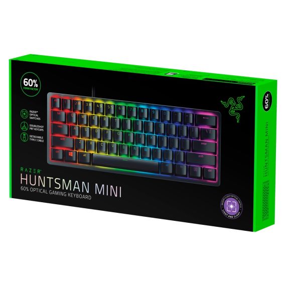 RAZER HUNTSMAN MINI GAMING KEYBOARD, 60% FORM FACTOR, CLICKY OPTICAL SWITCH - RED, DOUBLESHOT PBT KEYCAPS WITH SIDE-PRINTED SECONDARY FUNCTIONS-  RU LAYOUT