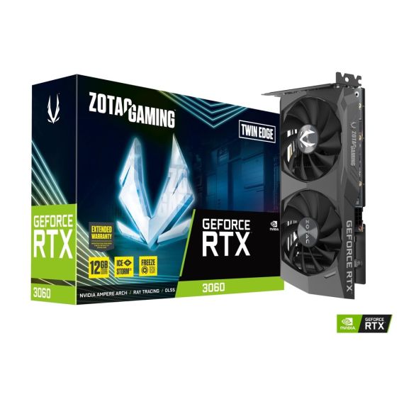 ZOTAC GEFORCE RTX(TM) 3060 TWIN EDGE 12GB GDDR6, 192BIT, 1777/15000MHZ, AMPERE, PCIEX16 4.0, DUAL FAN / ICESTORM 2.0, 1XHDMI, 3XDISPLAYPORT, ACTIVE FAN CONTROL/ FREEZE FAN STOP, COOPER HEAT PIPES, FIRESTORM, METAL BACKPLATE, 1X 8PIN, MEDIUM PACK