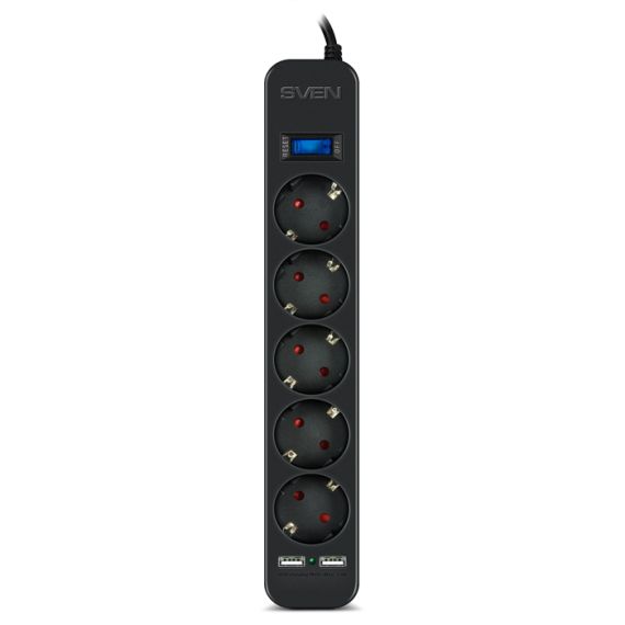 SURGE PROTECTOR SVEN SF-05LU, 5 SOCKETS + 2 USB (2,4 A) , 3.0M, BLACK, COLOR BOX