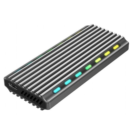 USB ENCLOSURE FOR M.2 NVME DRIVES, USB 3.1 GEN 2 (10 GBPS), RGB LED BACKLIGHT, ALUMINUM, SUPPORT: M.2 OF 22 MM 2230, 2242, 2262, 2280, SATA AND NVME; M-, B-, M+B KEY, 0.20M CABLE USB-C/A