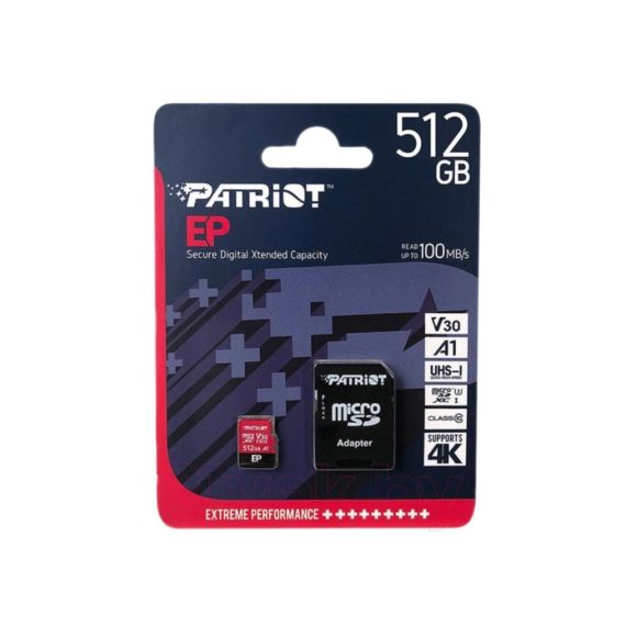 КАРТА ПАМЯТИ MICROSD PATRIOT EP SERIES V30/ 90MBPS/ 512GB + SD ADAPTER