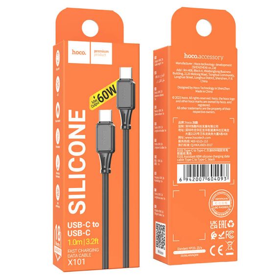 КАБЕЛЬ TYPE-C НА TYPE-C HOCO “X101 ASSISTANT” / 1M / SILICONE / 60W / UP TO 3A / BLACK