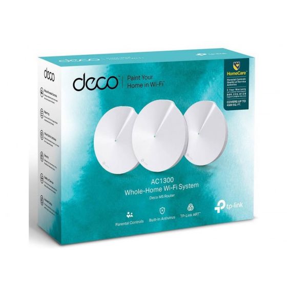 TP-LINK DECO M5 (3-PACK)  AC1300 MESH WI-FI SYSTEM, 2 LAN/WAN GIGABIT PORT, 867MBPS ON 5GHZ + 400MBPS ON 2.4GHZ, 802.11AC/B/G/N, WI-FI DEAD-ZONE KILLER, SEAMLESS ROAMING WITH ONE WI-FI NAME, ANTIVIRUS, PARENTAL CONTROLS