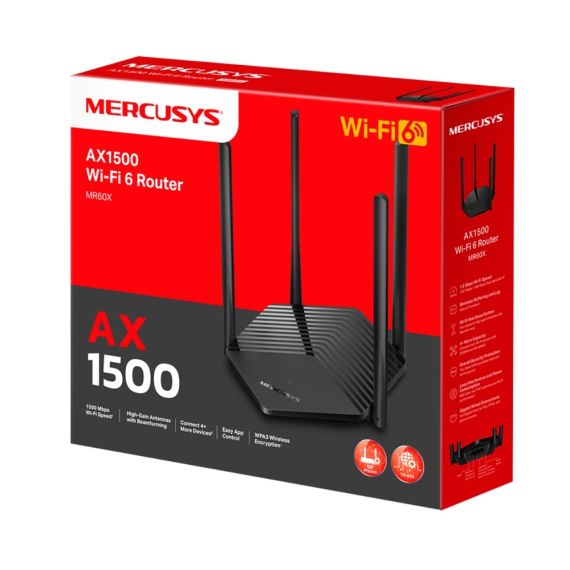WI-FI РОУТЕР MERCUSYS MR60X / AX1500 DUAL BAND / WI-FI6 / GIGABIT / 1WAN+2LAN / 4 EXTERNAL ANTENNAS