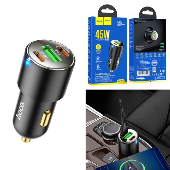 АВТОМОБИЛЬНОЕ ЗАРЯДНОЕ УСТРОЙСТВО USB HOCO ”NZ6”/ USB + 2XUSB-C, TOTAL OUTPUT: 45W / UP TO PD45W / QC3.0 / BLACK