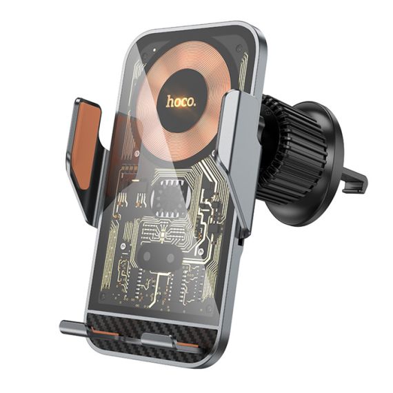 АВТОМОБИЛЬНЫЙ ДЕРЖАТЕЛЬHOCO DCA34, CORE TRANSPARENT WIRELESS CHARGING CAR HOLDER, OUTPUT: UP TO 15W, USB-C, MATERIAL: MAGNESIUM ALUMINUM ALLOY + ABS/PC, BLACK
