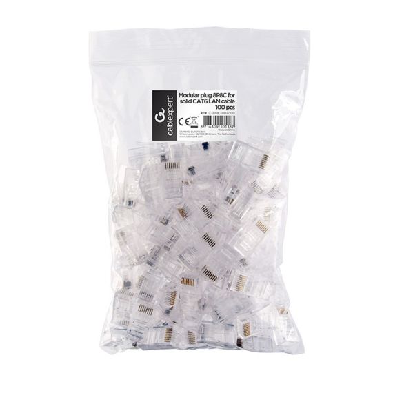 RJ45 MODULAR PLUG LC-8P8C-002/100, MODULAR PLUG 8P8C FOR SOLID CAT6 LAN CABLE, 30U” GOLD PLATED, 100 PCS/BAG