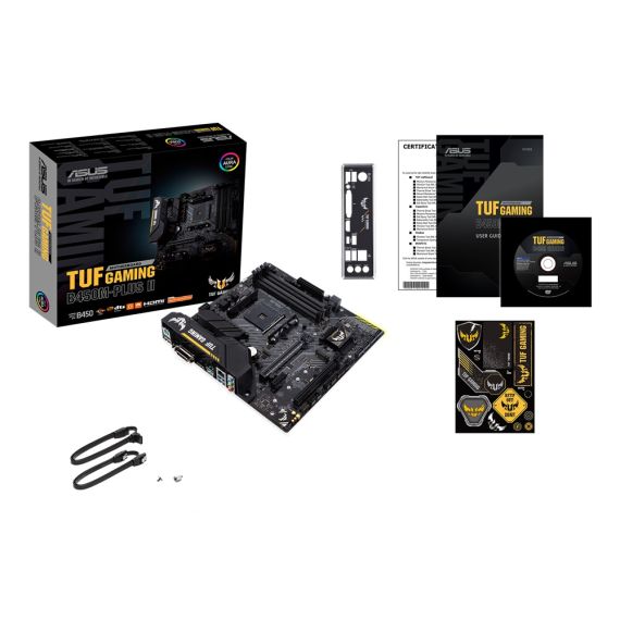 ASUS TUF GAMING B450M-PLUS II, SOCKET AM4, AMD B450, DUAL 4XDDR4-4400, APU AMD GRAPHICS, DVI, HDMI, 2XPCIE X16, 6XSATA3, RAID, 1XM.2, ALC897 HDA 7.1, 1XPCIE X1, 1GBE LAN, 1XUSB3.2GEN2, 5XUSB3.1 (1XTYPE-C & 4XTYPE-A), AURA SYNC RGB, TUF COMP, 24/7, MATX