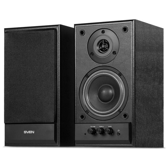 SVEN SPS-702 BLACK LEATHER,  2.0 / 2X20W RMS, CONTROL UNIT ON THE FRONT PANEL, MAGNETIC SHIELDING, HEADPHONE JACK, WOODEN, (4”+3/4”)