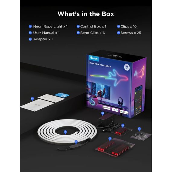 НЕОНОВАЯ ВЕРЕВОЧНАЯ ЛЕНТА GOVEE NEON ROPE STRIP LIGTH 2 / 5M / MULTICOLOR / WI-FI + BT / WHITE