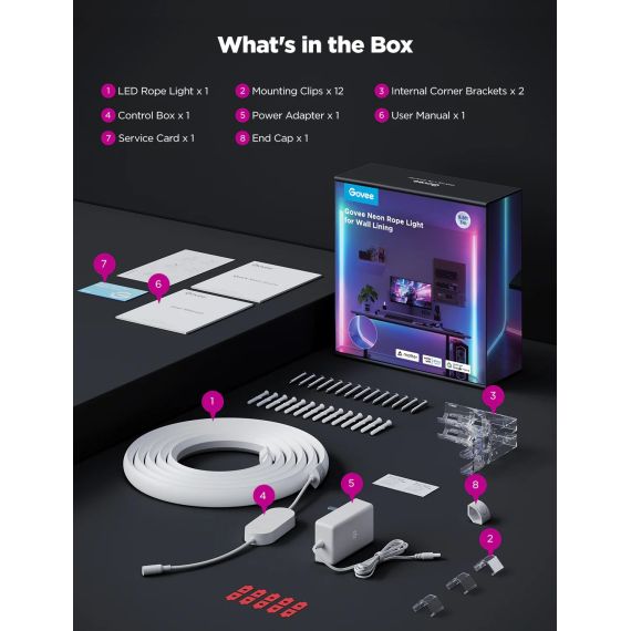 НЕОНОВЫЙ ШНУР ДЛЯ ОБЛИЦОВКИ СТЕН GOVEE NEON ROPE LIGHT / 5M / MULTICOLOR / WI-FI + BT