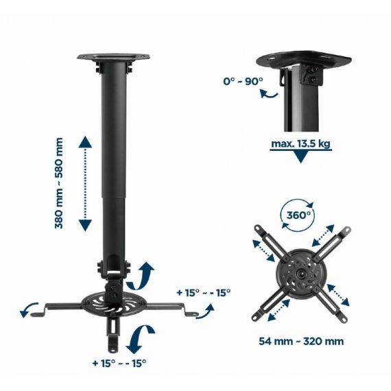 РЕГУЛИРУЕМОЕ ПОТОЛОЧНОЕ КРЕПЛЕНИЕ ДЛЯ ПРОЕКТОРА GEMBIRD CM-B-01/ 380 ~ 580 MM/ MAX 13KG/ BLACK