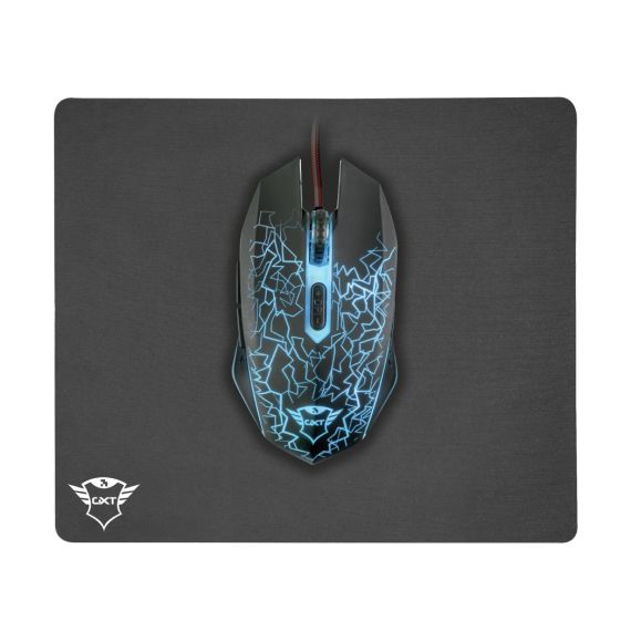 TRUST GXT 783 IZZA GAMING MOUSE & MOUSE PAD (245X210), FULLY ILLUMINATED TOP, RUBBERIZED TOP COVER FOR A FIRM GRIP,  800 - 2400 DPI, 6 BUTTON, USB, BLACK