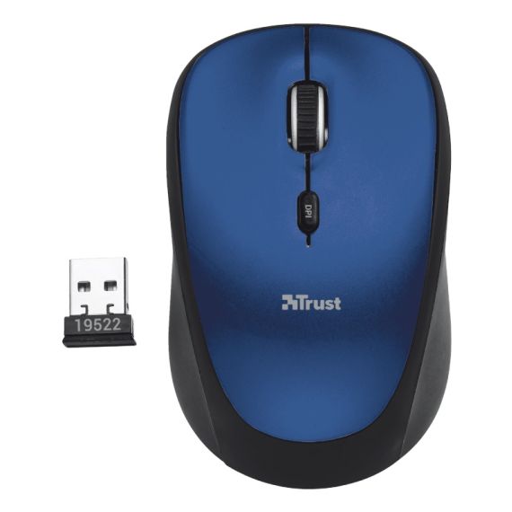 TRUST YVI WIRELESS MOUSE - BLUE, 8M 2.4GHZ, MICRO RECEIVER, 800-1600 DPI, 4 BUTTON, RUBBER SIDES FOR COMFORT AND GRIP, USB