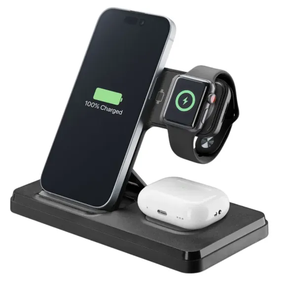 БЕСПРОВОДНАЯ ЗАРЯДКА CELLULARLINE TRIPLE STATION 3 IN 1, 15ВТ, ЧЁРНЫЙ