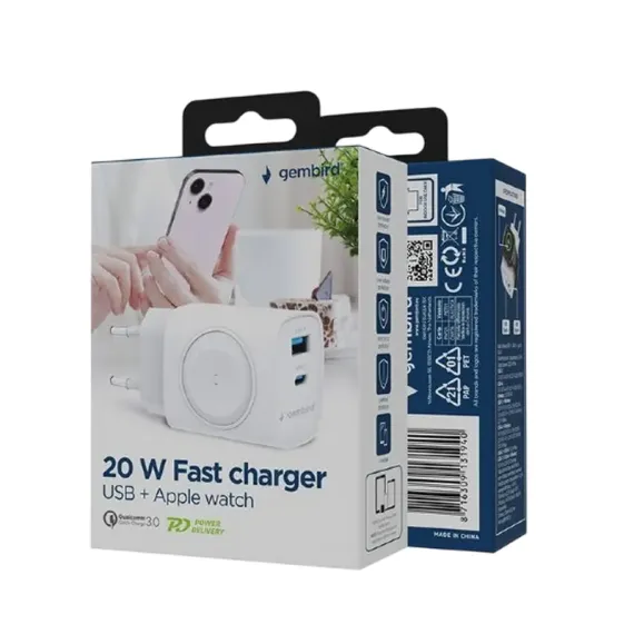 ЗАРЯДНОЕ УСТРОЙСТВО GEMBIRD 2 IN 1 + БЕСПРОВОДНАЯ ЗАРЯДКА ДЛЯ APPLE WATCH, 20ВТ, БЕЛЫЙ