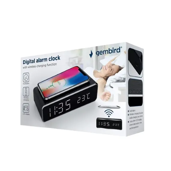 ЦИФРОВОЙ БУДИЛЬНИК GEMBIRD SMART CLOCK С БЕСПРОВОДНОЙ ЗАРЯДКОЙ, ЧЁРНЫЙ