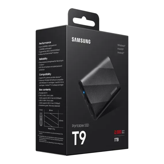 ВНЕШНИЙ ПОРТАТИВНЫЙ SSD НАКОПИТЕЛЬ SAMSUNG T9, 1 ТБ, ЧЁРНЫЙ (MU-PG1T0B/EU)