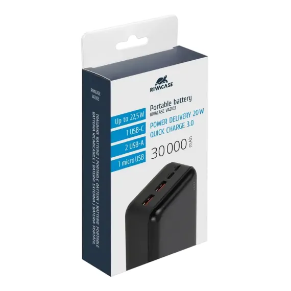 ПОРТАТИВНОЕ ЗАРЯДНОЕ УСТРОЙСТВО RIVACASE VA2103, 30000МА·Ч, ЧЁРНЫЙ