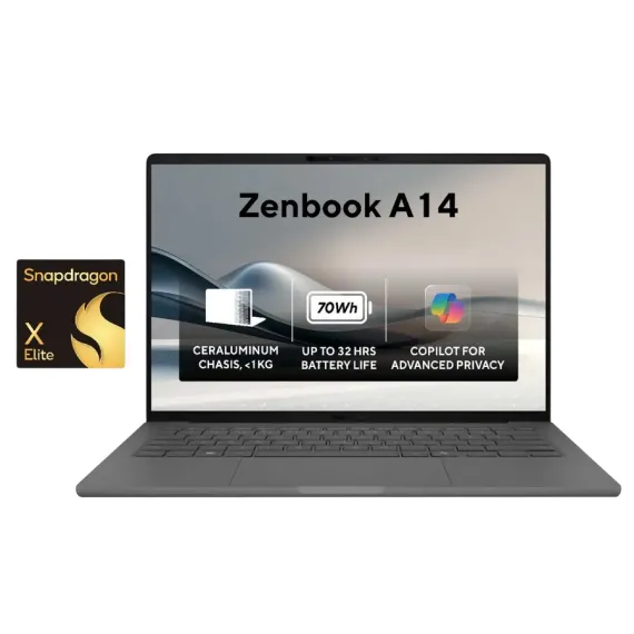 НОУТБУК 14" ASUS ZENBOOK 14 OLED UX3407RA, ICELAND GRAY, QUALCOMM SNAPDRAGON X ELITE X1E-78-100, 32ГБ/1024ГБ, WINDOWS 11 HOME