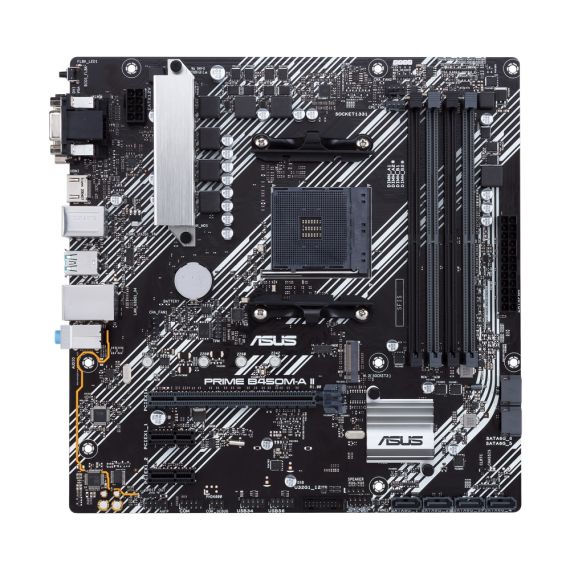 ASUS PRIME B450M-A II, SOCKET AM4, AMD B450, DUAL 4XDDR4-4400, APU AMD GRAPHICS, VGA, DVI, HDMI, 1XPCIE X16, 6XSATA3, RAID, 1XM.2, ALC887 HDA, 2XPCIE X1, GBE LAN, 2XUSB3.2 GEN 2, 6XUSB3.2, AURA SYNC RGB, 5X PRO.III, MATX