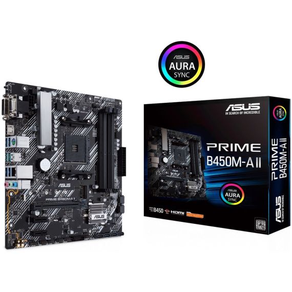 ASUS PRIME B450M-A II, SOCKET AM4, AMD B450, DUAL 4XDDR4-4400, APU AMD GRAPHICS, VGA, DVI, HDMI, 1XPCIE X16, 6XSATA3, RAID, 1XM.2, ALC887 HDA, 2XPCIE X1, GBE LAN, 2XUSB3.2 GEN 2, 6XUSB3.2, AURA SYNC RGB, 5X PRO.III, MATX