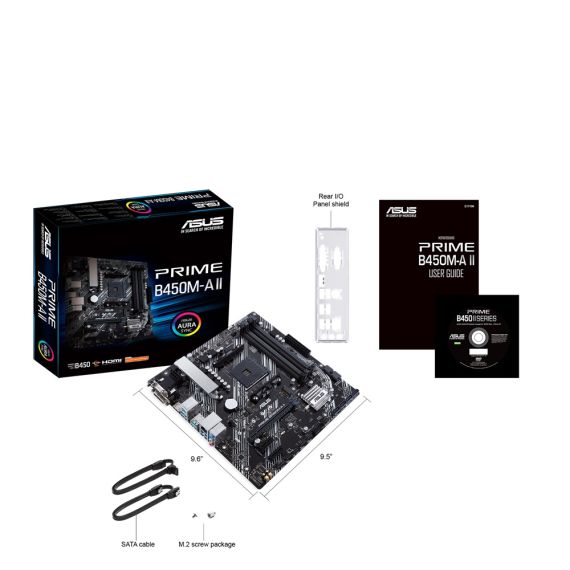 ASUS PRIME B450M-A II, SOCKET AM4, AMD B450, DUAL 4XDDR4-4400, APU AMD GRAPHICS, VGA, DVI, HDMI, 1XPCIE X16, 6XSATA3, RAID, 1XM.2, ALC887 HDA, 2XPCIE X1, GBE LAN, 2XUSB3.2 GEN 2, 6XUSB3.2, AURA SYNC RGB, 5X PRO.III, MATX