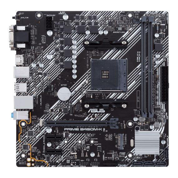 ASUS PRIME B450M-K II, SOCKET AM4, AMD B450, DUAL 2XDDR4-4400, APU AMD GRAPHICS, VGA, DVI, HDMI, 1XPCIE X16, 4XSATA3, RAID, 1X M.2 SLOT, 2XPCIE X1, ALC887 7.1CH HDA, GBE LAN,  2XUSB3.1 GEN 2, 6XUSB3.2, 5X PRO.III, MATX
