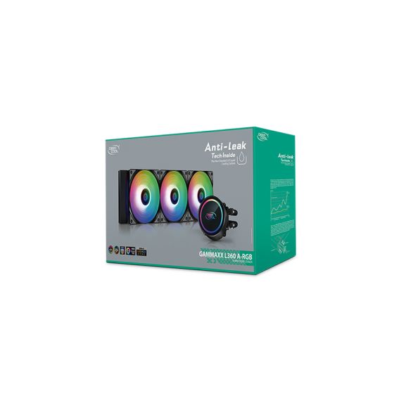 DEEPCOOL LIQUID COOLER ”GAMMAXX L360 A-RGB”, ANTI-LEAK TECHNOLOGY, SOCKET LGA2066/2011/1851/1700/1200/115X & AM5/AM4, 3X 120MM ARGB PWM FANS: 500-1800 RPM±10%, <30 DB(A), 69.34 CFM, 4-PIN PWM, PUMP: 2400 RPM, 17.8 DB(A), COOPER BASE, HYDRO BEARING, BLACK