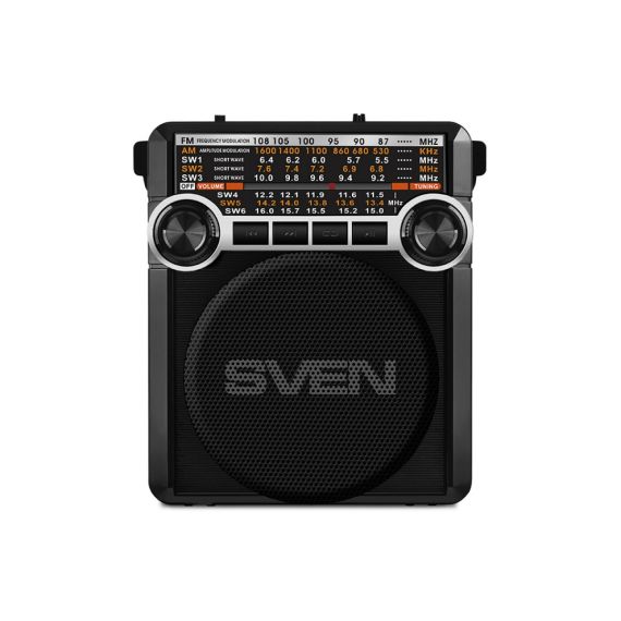 SVEN SRP-355 BLACK, FM/AM/SW RADIO, 3W RMS, 8-BAND RADIO RECEIVER, BUILT-IN AUDIO FILES PLAYER FROM USB-FASH, MICROSD AND SD CARD STORAGE DEVICES, TELESCOPIC SWIVEL ANTENNA, BUILT-IN BATTERY