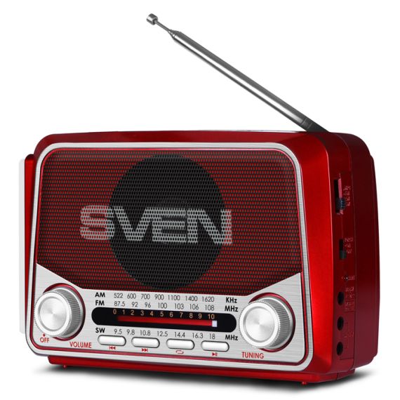 SVEN SRP-525 RED, FM/AM/SW RADIO, 3W RMS, 8-BAND RADIO RECEIVER, BUILT-IN AUDIO FILES PLAYER FROM USB-FASH, MICROSD AND SD CARD STORAGE DEVICES, TELESCOPIC SWIVEL ANTENNA, BUILT-IN BATTERY