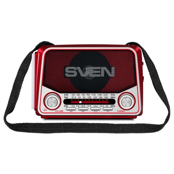SVEN SRP-525 RED, FM/AM/SW RADIO, 3W RMS, 8-BAND RADIO RECEIVER, BUILT-IN AUDIO FILES PLAYER FROM USB-FASH, MICROSD AND SD CARD STORAGE DEVICES, TELESCOPIC SWIVEL ANTENNA, BUILT-IN BATTERY