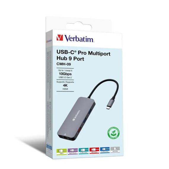 МНОГОПОРТОВЫЙ АДАПТЕР VERBATIM CMH-09/ USB-С/ 2XUSB-A 3.2/ 1XUSB-A 3.2(GEN 2)/ 2XUSB-C 3.2(GEN 2)/ HDMI/ RJ45/ SD/ MICROSD