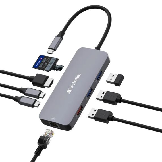 МНОГОПОРТОВЫЙ АДАПТЕР VERBATIM CMH-09/ USB-С/ 2XUSB-A 3.2/ 1XUSB-A 3.2(GEN 2)/ 2XUSB-C 3.2(GEN 2)/ HDMI/ RJ45/ SD/ MICROSD