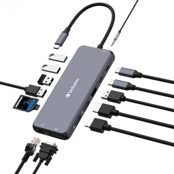МНОГОПОРТОВЫЙ АДАПТЕР VERBATIM CMH-14/ USB-С/ 3XUSB-A 3.2/ 2XUSB-A/ 1XUSB-C PD(100W)/ 2XHDMI/ 1XVGA/ RJ45/ SD/ MICROSD