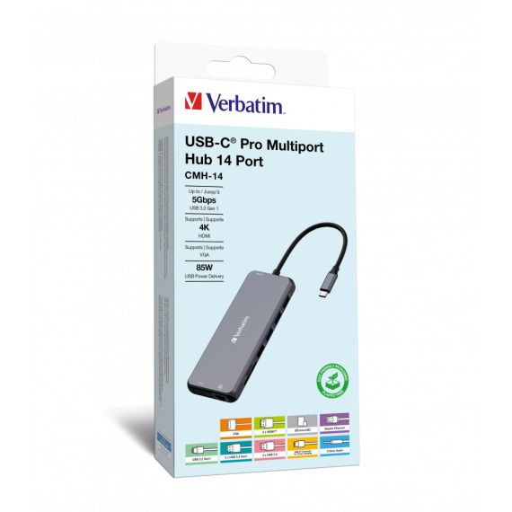 МНОГОПОРТОВЫЙ АДАПТЕР VERBATIM CMH-14/ USB-С/ 3XUSB-A 3.2/ 2XUSB-A/ 1XUSB-C PD(100W)/ 2XHDMI/ 1XVGA/ RJ45/ SD/ MICROSD