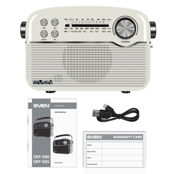 КОЛОНКА ПОРТАТИВНАЯ SVEN SRP-500, WHITE / 3W / BLUETOOTH / FM/AM/SW RADIO / USB / MICROSD