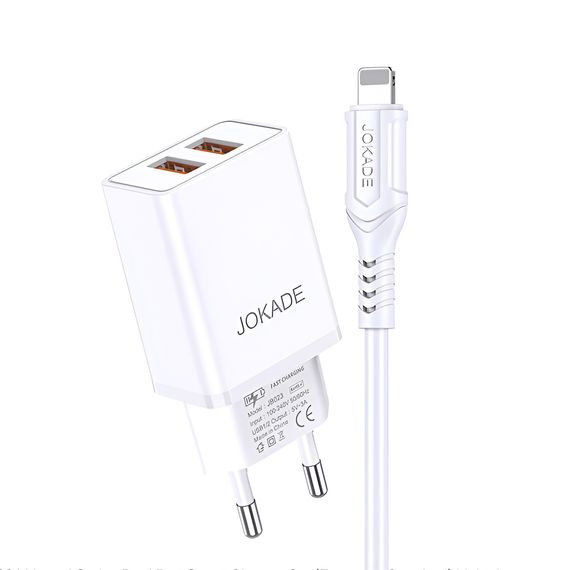 НАСТЕННОЕ ЗАРЯДНОЕ УСТРОЙСТВО JOKADE С КАБЕЛЕМ USB-A TO LIGHTNING DUAL PORT JB024 3A, БЕЛЫЙ