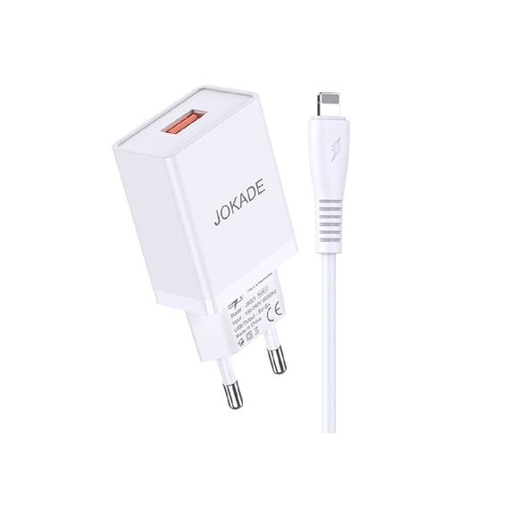 JOKADE НАСТЕННОЕ ЗАРЯДНОЕ УСТРОЙСТВО С КАБЕЛЕМ USB - LIGHTNING ОДНОПОРТОВОЕ 3A 3A KAER, БЕЛЫЙ