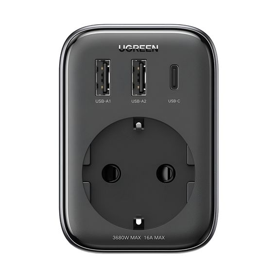 UGREEN УДЛИНИТЕЛЬ РОЗЕТКИ 30 ВТ 2*USB + TYPE-C + AC CD314, ЧЕРНЫЙ