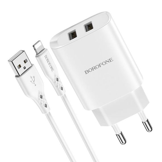 НАСТЕННОЕ ЗАРЯДНОЕ УСТРОЙСТВО BOROFONE С ВОЗМОЖНОСТЬЮ ПОДКЛЮЧЕНИЯ USB К LIGHTNING BN2 2XUSB 2.1A, БЕЛЫЙ