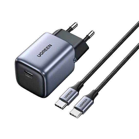 UGREEN НАСТЕННОЕ ЗАРЯДНОЕ УСТРОЙСТВО 1*TYPE-C 3A 30W QC4.0 С КАБЕЛЕМ TYPE-C - TYPE-C 1M 60W, СЕРЫЙ КОСМОС