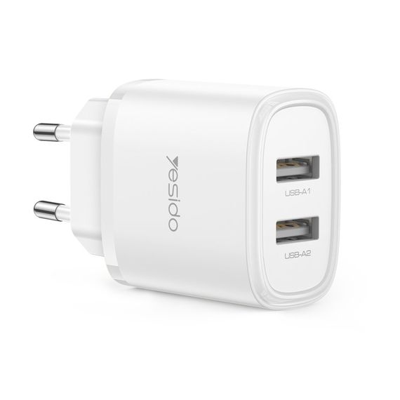 НАСТЕННОЕ ЗАРЯДНОЕ УСТРОЙСТВО YESIDO 2*USB-A 24W MAX YC72, БЕЛЫЙ