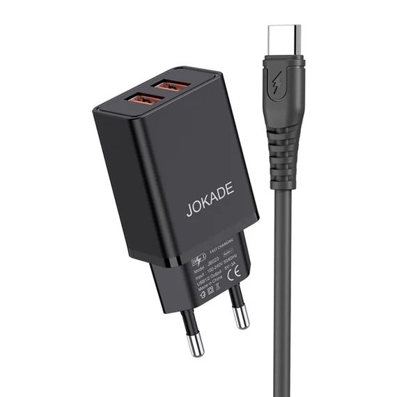 НАСТЕННОЕ ЗАРЯДНОЕ УСТРОЙСТВО JOKADE С КАБЕЛЕМ USB TYPE-C DUAL PORT 5A 5A YIYUE, ЧЕРНЫЙ